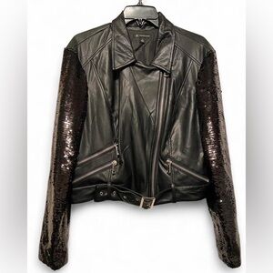 INC black faux leather Jacket XL sequin sleeves